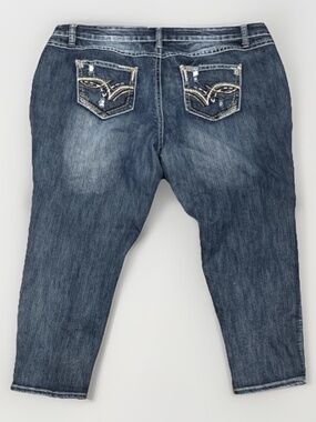 Cato Curvy Blue Denim Jeans Embroidered Sequined Distressed Pockets 22WP sku 035